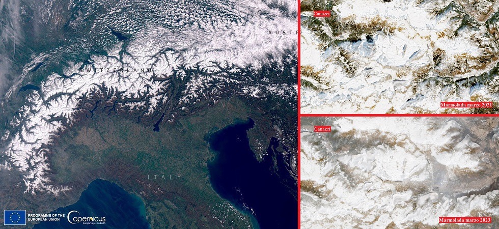 A sinistra una foto scattata dal satellite nel marzo 2023, a destra il raffronto con focus sulla Marmolada tra marzo 2021